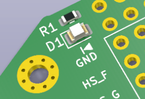 Close-up of D1: the bar of the diode symbol marks the cathode, on the GND side